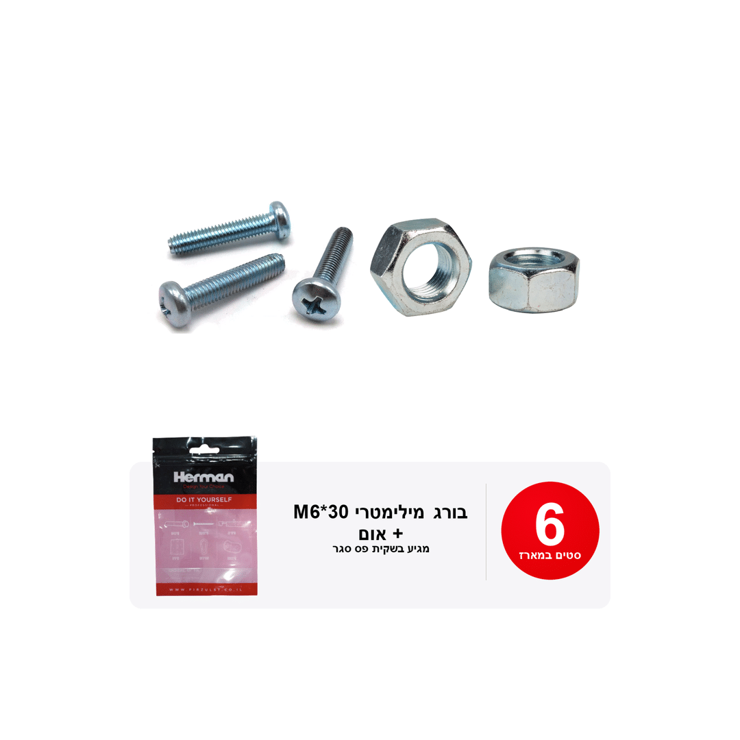 מארז בורג מילימטרי 30*M6 מ"מ + אום